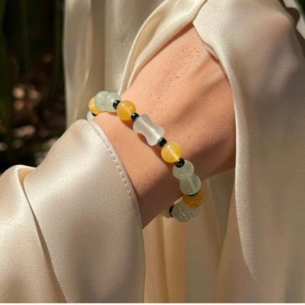 Handmade Beaded Bracelet Bamboo Round Yellow Jade Hematite Stone Stretch 7